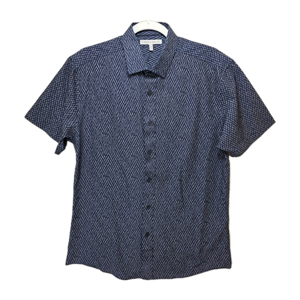 Vince Camuto Button Front Stretch Shirt Mens‎ M Short Sleeve Blue Geometric Logo